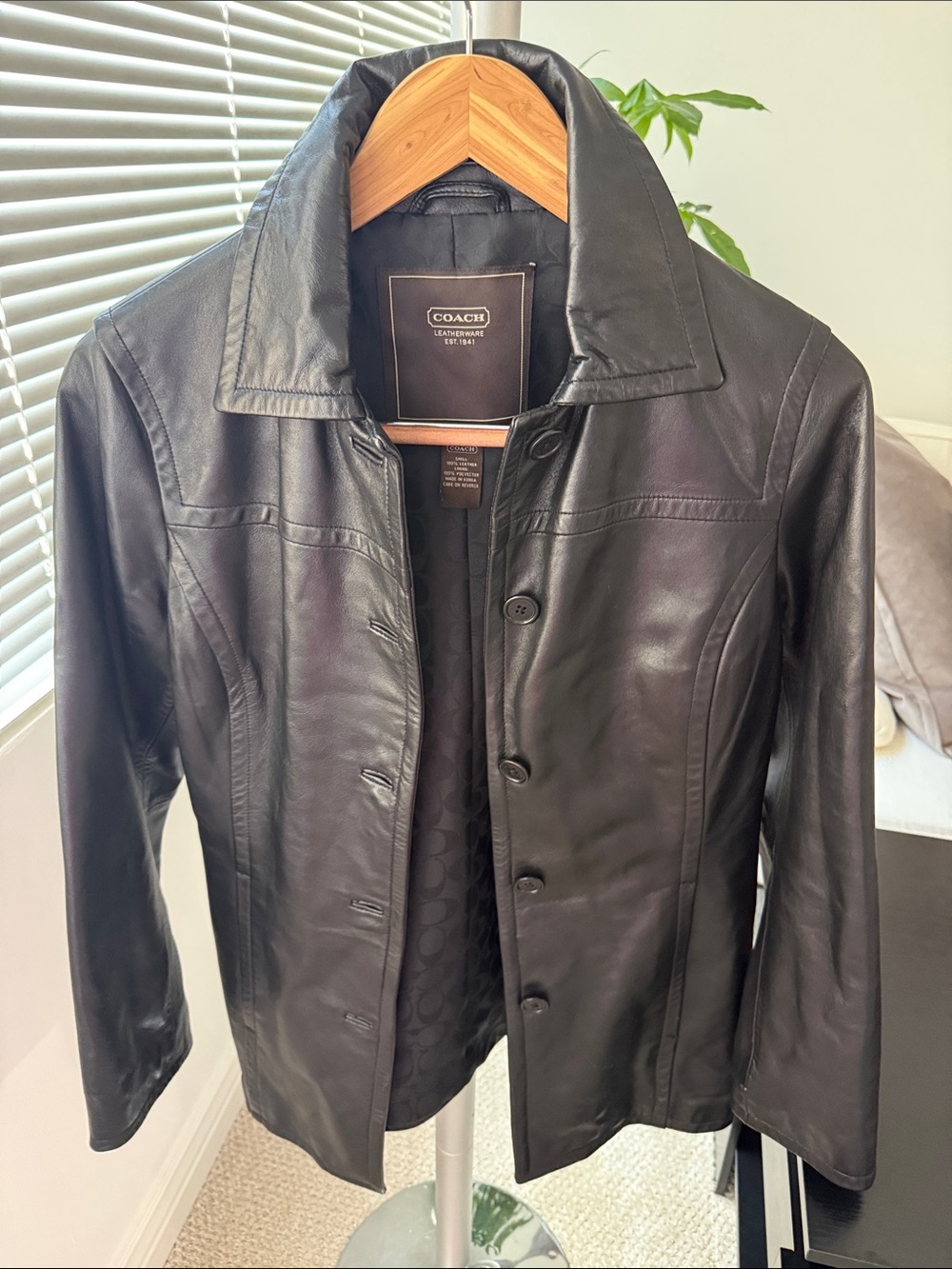 Coach Black Leather Button-Front Jacket